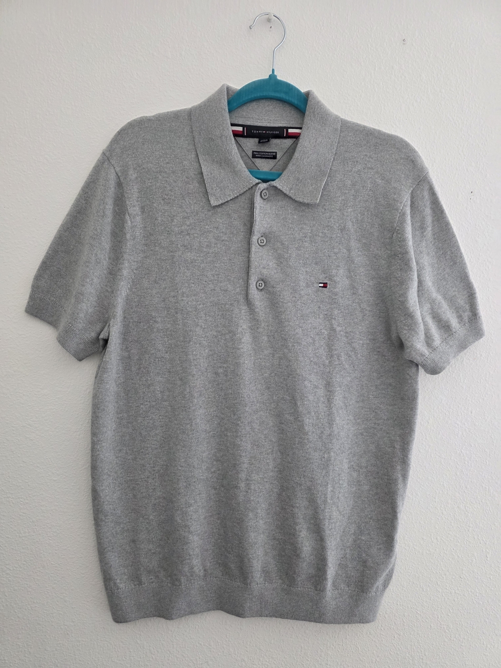 Tommy Hilfiger Pima Cotton - Cashmere Sweater Polo Shirt Grey Short Sleeves Sz M
